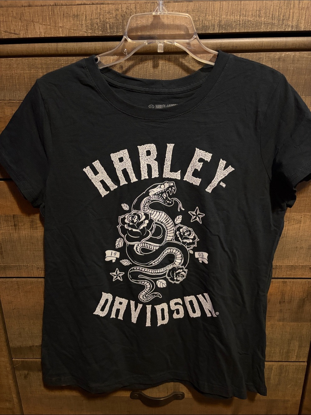 Harley-Davidson Black Tee with White Snake & Rose Graphic